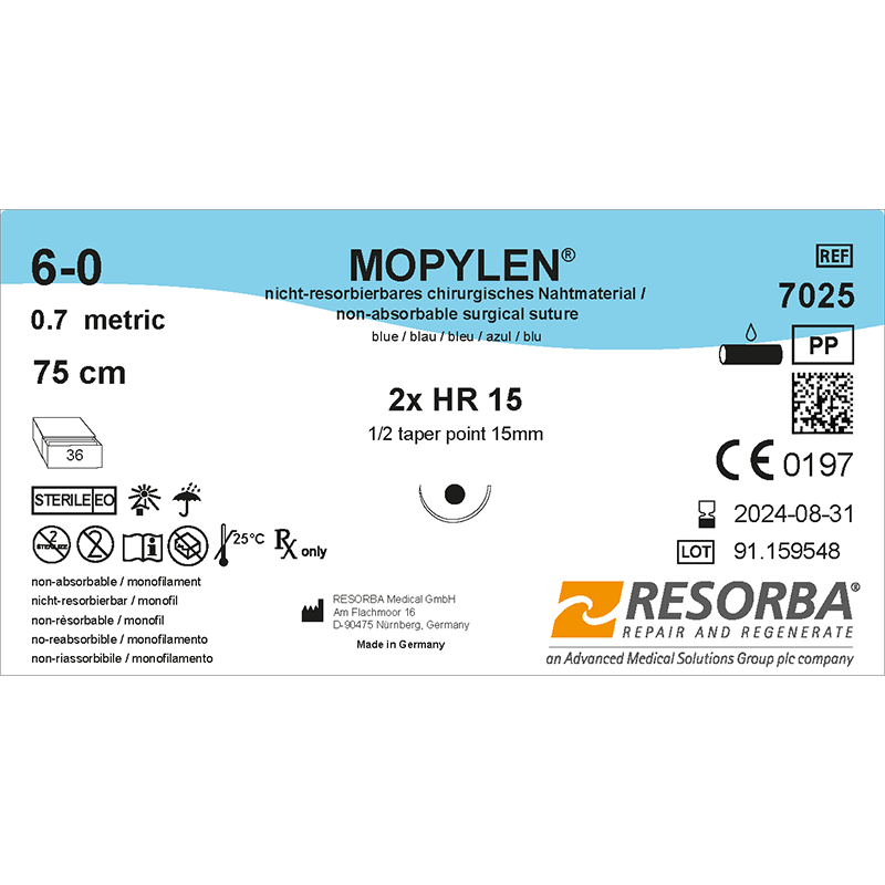 Мопілен USP6-0 синій, довжина 75см, дві колючі голки 15мм, 1/2 кола